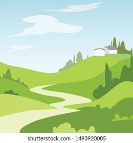 Paisaje de caricaturas con campos verdes, árboles y casa, hermosa naturaleza rural. Ilustración vectorial.