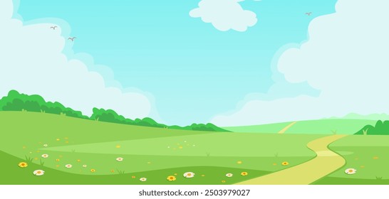 Cartoon landscape with green hills and blue sky. Vector illustration