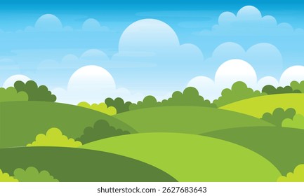  cartoon landscape of green hills with grass and white clouds on a blue sky background