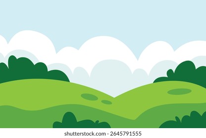 Cartoon Landscape With Green Hills, Trees, And A Cloudy Blue Sky.