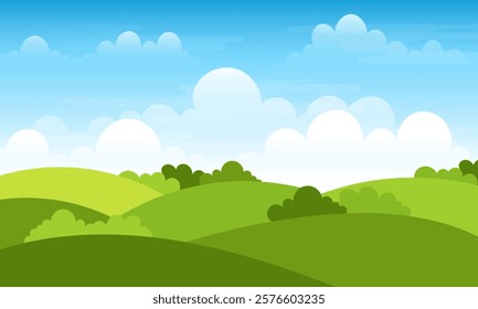 cartoon landscape of green hills and white clouds on a blue sky background.for nature concept poster.vector illustration