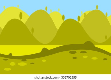 Cartoon Landscape of Green Meadows, Fields, Hills and Trees for Game, Vector Illustration