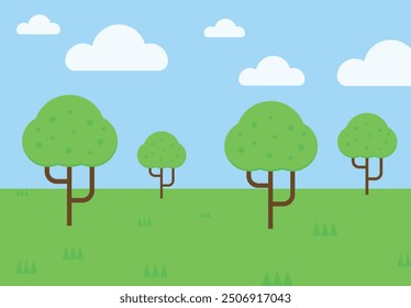 Cartoon landscape with green trees and clouds on a blue sky.