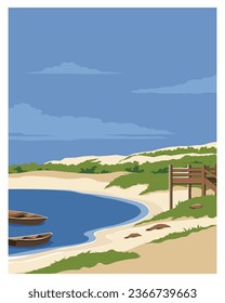 cartoon  landscape with hill in river and boat for poster, card, banner, flyer. Vector illustration with flat style.