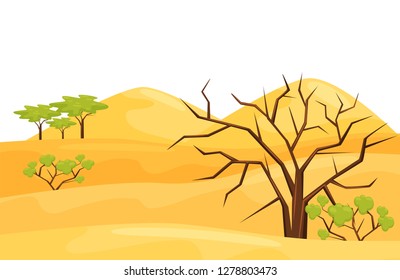 Cartoon landscape of hot desert with big sandy hills, dry and green trees. Natural scenery. Flat vector design