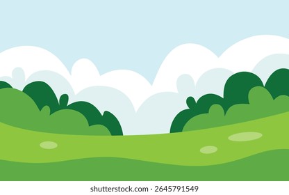 Cartoon Landscape Illustration Featuring Green Hills, Stylized Trees, And A Cloudy Sky.