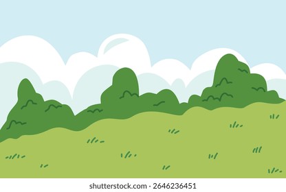 Cartoon Landscape Illustration Featuring Green Hills, Bushes, And A Cloudy Blue Sky.