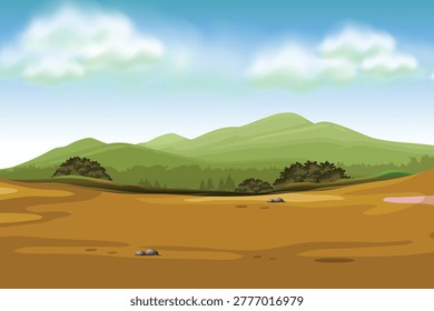 Cartoon landscape illustration featuring green rolling hills, a vast brown field or meadow, and a bright blue sky with fluffy clouds. Beautiful nature background for games or animation