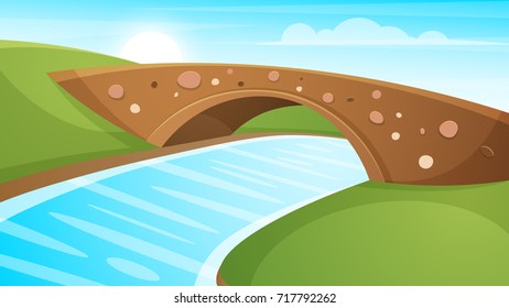 Cartoon landscape illustration. Sun. cloud, mountain hill vector EPS 10