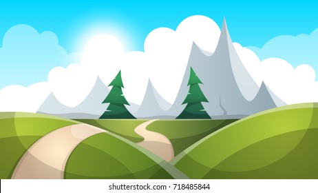 Cartoon landscape illustration. Sun. road, cloud hill Vector eps 10