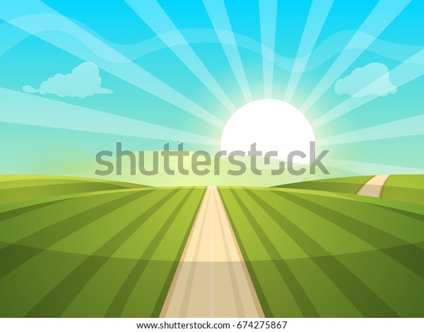 Cartoon Landscape Illustration Sun Road Cloud Stock Vector (Royalty ...