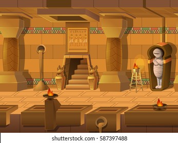 Cartoon Landscape Inside Egyptian Tomb, Vector Unending Background With Separated Layers For Game.