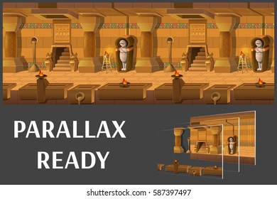 Cartoon landscape inside Egyptian tomb, vector unending background with separated layers for game.