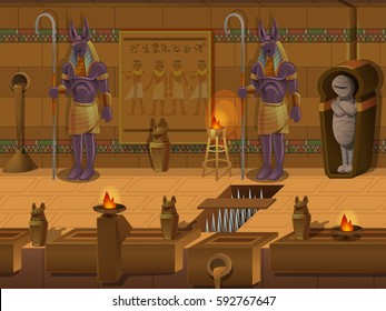 Cartoon Landscape Inside Egyptian Tomb, Vector Unending Background With Separated Layers For Game.