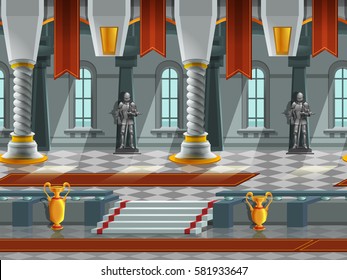 Cartoon Landscape Inside Knight Castle, Vector Unending Background With Separated Layers For Game.