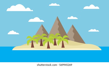 Cartoon landscape of the island with mountains, palms, the ocean, the sky with clouds - vector illustration