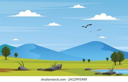 cartoon landscape with a lake and mountains. A serene landscape featuring a tranquil lake and majestic mountains, perfect for nature-themed designs, travel brochures, outdoor adventure websites,
