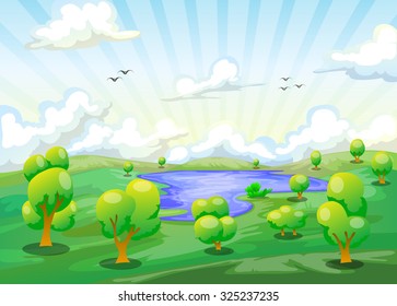 Cartoon Landscape Lake Various Tree Cloudy Stock Vector (Royalty Free ...