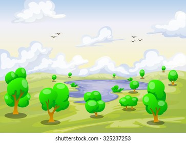 Cartoon Landscape Lake Various Tree Cloudy Stock Vector (Royalty Free ...