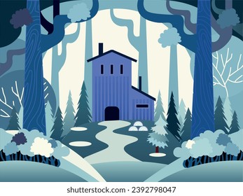 Cartoon landscape with lumbermill in the winter forest. Flat design	