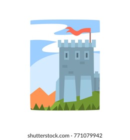 Cartoon landscape with magnificent castle, mountains and forest. Medieval fortress on green hill, blue sky behind it. Flat vector for poster, web or mobile app