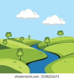 Cartoon Landscape Minimalist Nature Background with Blue Sky and Clouds For book cover design