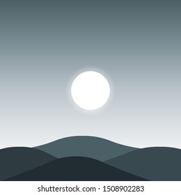 Cartoon landscape with mountain, sky, sun. Vector silhouette background. vector nature landscape background.