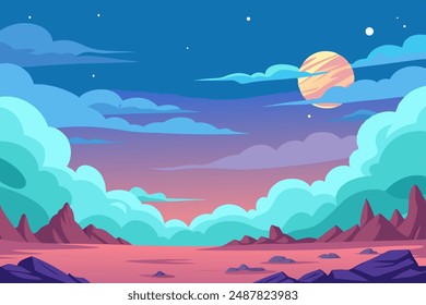 Cartoon landscape with mountains, clouds, and planet in the sky