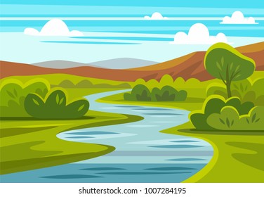 Cartoon Landscape With Mountains, River And Trees. Vector