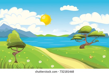 Cartoon landscape. Mountains, sea or lake, trees and dirt road. Blue sky with white clouds and sun. Vector Illustration.