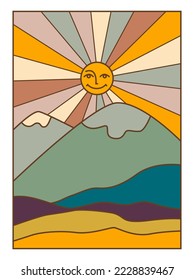 Cartoon landscape of mountains with sun character hiding behind summit. Smiling personage with rays, sunshine and sunset. Nature and wilderness, meadows and peaks. Vector in flat style illustration