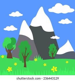 Cartoon Landscape with Mountains. Vector Illustration with Nature