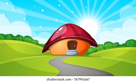 cartoon landscape with mushroom house. Sun, cloud, road - illustration. Vector eps 10