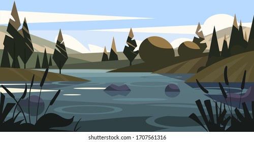 Cartoon landscape of nature, forest, mountains and lake. Flat landscape vector illustration.