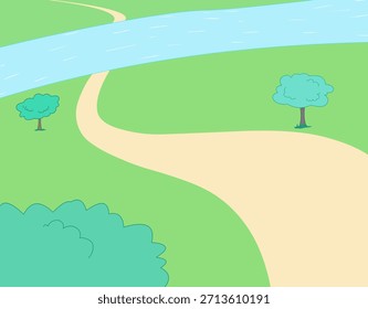 Perspectiva de paisaje de dibujos animados Vista de fondo Vector, flujo de río Ilustración de fondo verde, tierra plana, paisaje verde, Vector de fondo