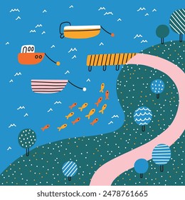 Cartoon landscape with a pier and boats, a school of little fish, road with cute trees, doodle vector illustration