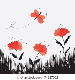 Cartoon landscape with poppies , butterfly and grass