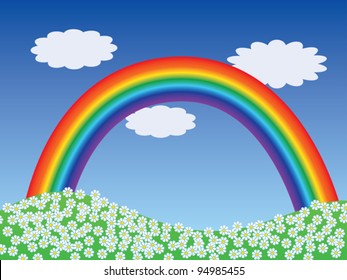 cartoon landscape with rainbow vector illustration