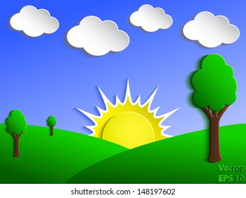 cartoon landscape with rising sun/ vector background eps 10
