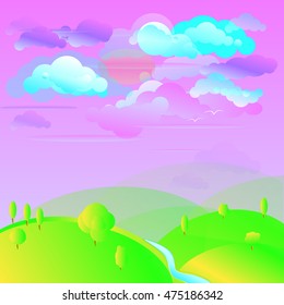 Cartoon landscape with river, hills and clouds. Vector illustration