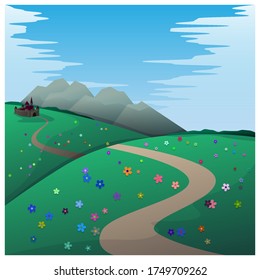 Paisaje de caricaturas. El camino al castillo. Ilustración del vector
