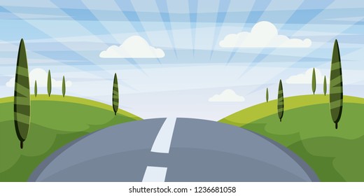 Cartoon landscape with road, higway and summer, sea, sun, trees. Trip, vacation, travel. Vector illustration, isolated, cartoon style