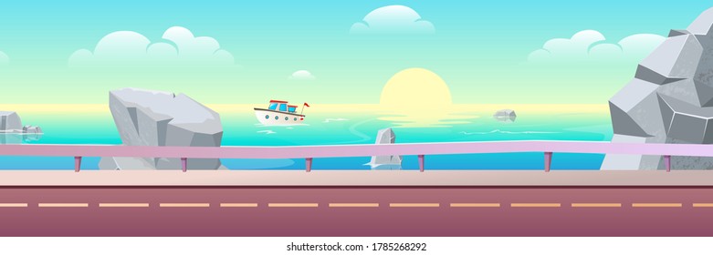 Cartoon landscape with road and sea. Port and seaside road, ship in the distance. Vector illustration