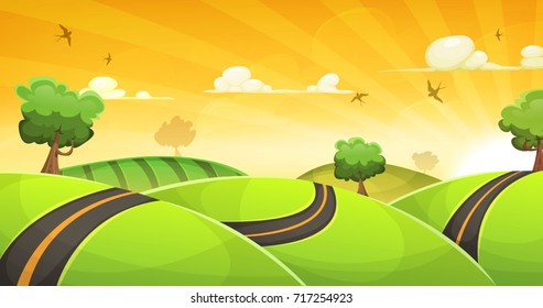 Cartoon Landscape With Road And Shining Sun/
Illustration of a cartoon spring or summer landscape, with road traveling inside green fields and sunshine