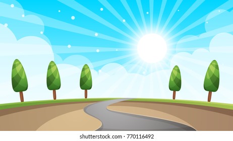 Cartoon landscape, road, sun, tree Vector eps 10