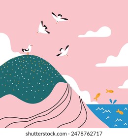 Cartoon landscape with a rock and seagulls flying over it, little yellow fish jumping out of water, cute doodle vector illustration