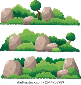  Paisaje de dibujos animados con Rock y vegetación 