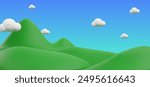 Cartoon landscape with rolling green hills and puffy white clouds under a blue sky. Vector illustration perfect for backgrounds, children s themes, and playful designs.