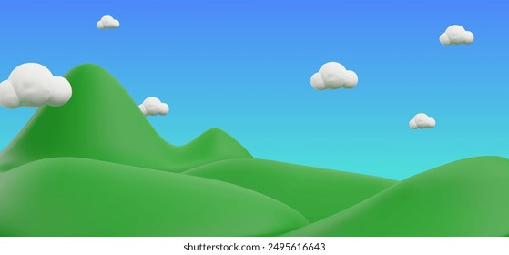 Cartoon landscape with rolling green hills and puffy white clouds under a blue sky. Vector illustration perfect for backgrounds, children s themes, and playful designs.