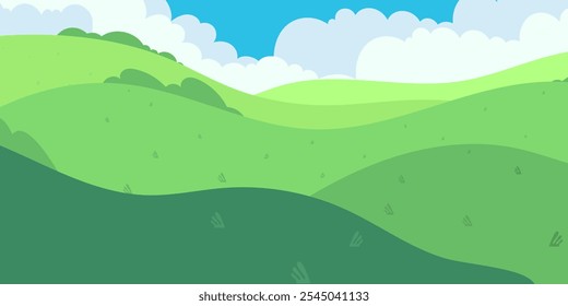 Cartoon Landscape with Rolling Green Hills and Fluffy Clouds - Eco-Friendly Theme